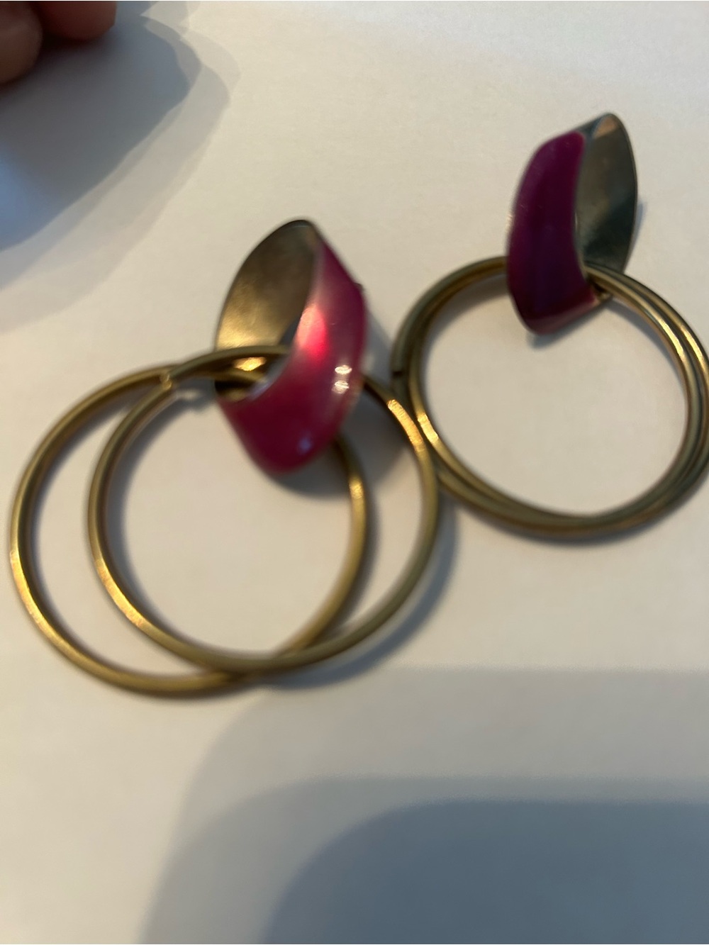 Vintage 80’s brass Hoop Drop Earrings with Purple Enamel Accent